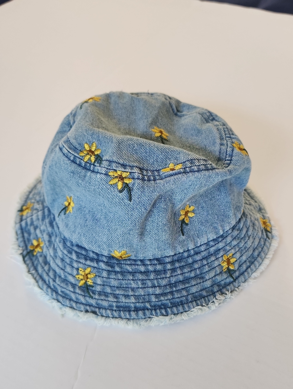 Zara Denim Blue Bucket Hat with Floral Accent, Youth L/XL or Adult XS